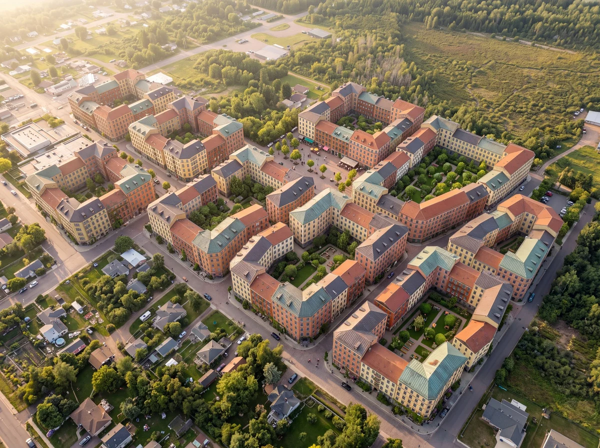 Carlton Courtyard Neighborhood concept: colorful four- and five-story buildings enclose planted courtyards around a public piazza and walkable shared streets.