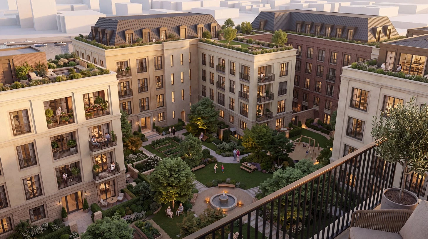 View across a planted courtyard enclosed by individual apartment houses with terraces and balconies.