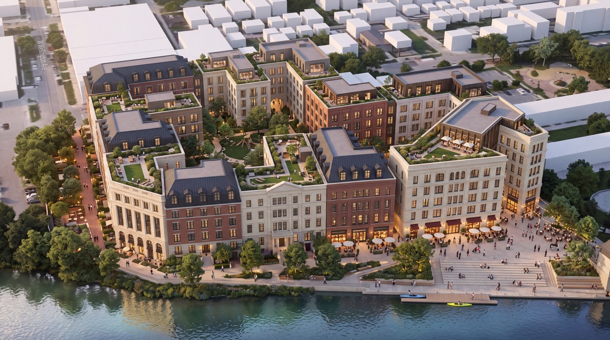 Architectural concept rendering of a waterfront courtyard block, with street-facing buildings, shared gardens, planted roof terraces and a lively public promenade.