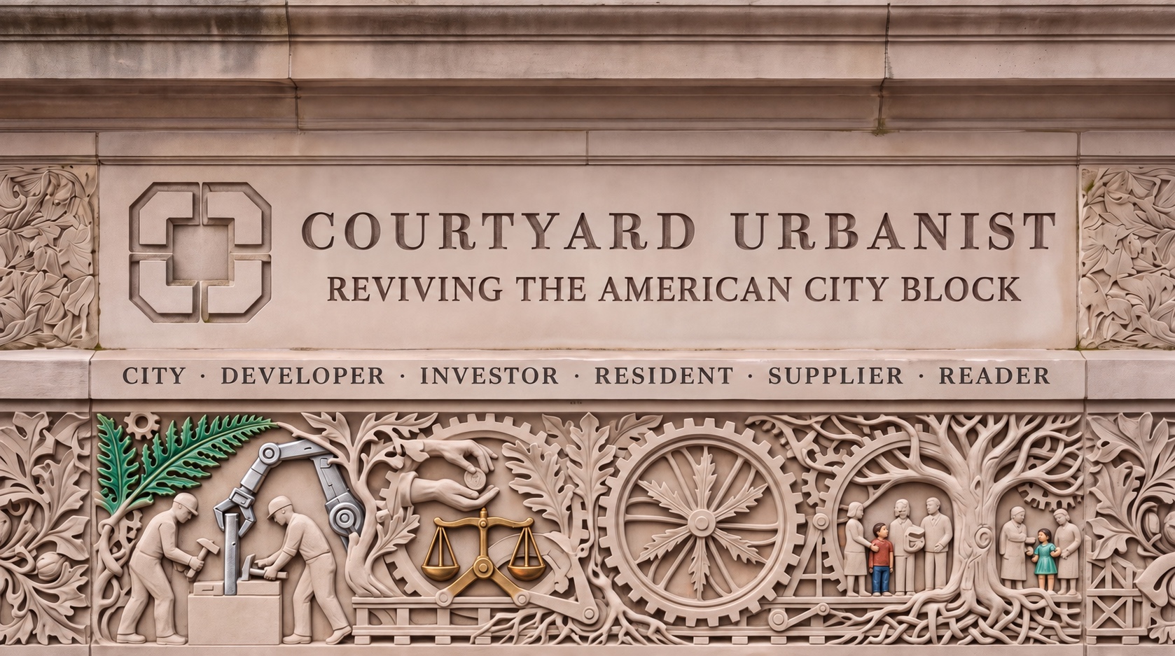 Courtyard Urbanist — Reviving the American City Block. Carved stone frieze intertwining gears, foliage, builders, scales of justice and people, with two children in brightly glazed ceramic, a polished silver robotic arm, warm polished brass scales of justice, and selected jade-green leaves on the left among warm stone carvings.