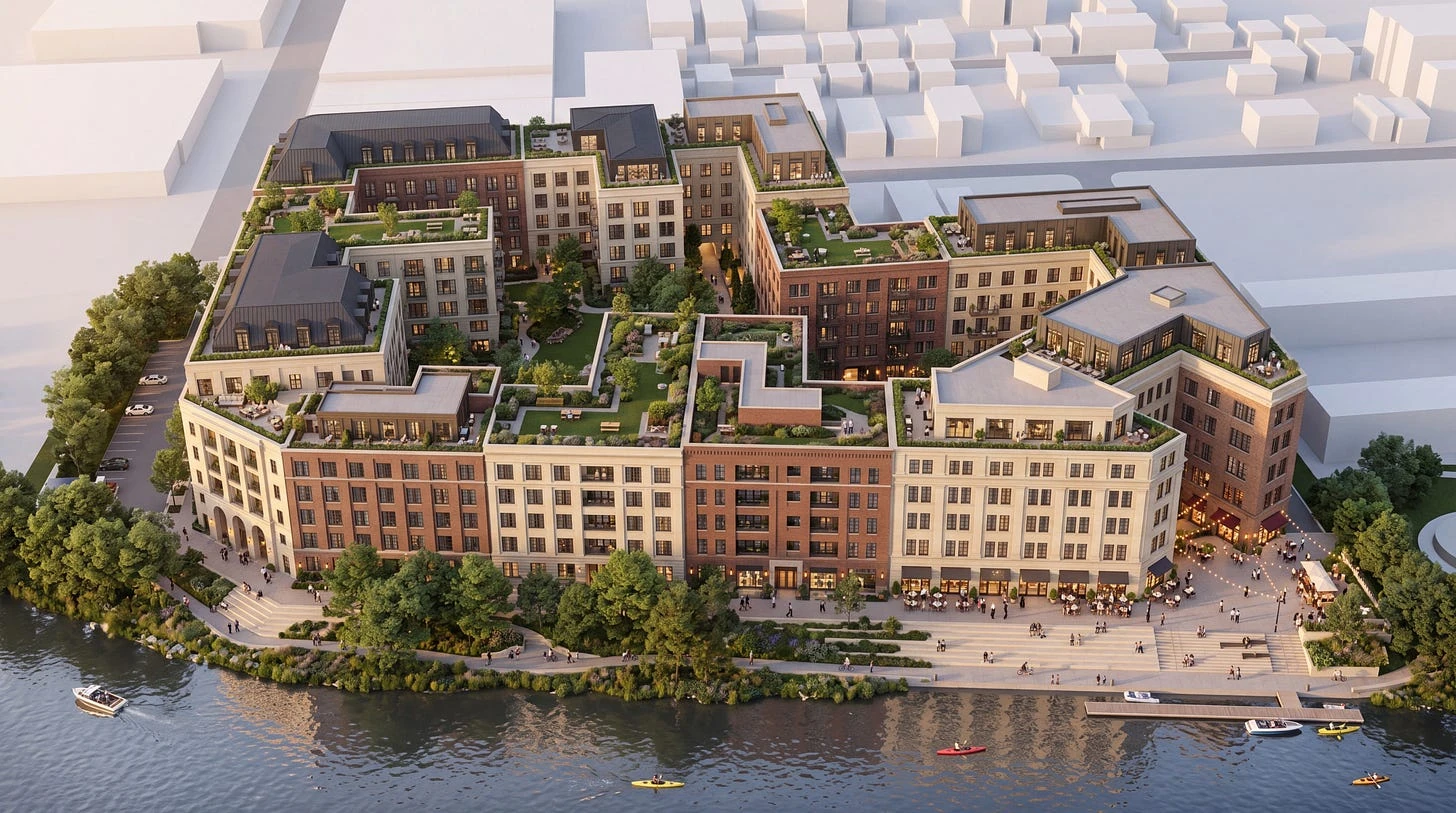 Aerial concept of the Chicago RiverWard site with a perimeter of apartment houses, shared gardens and an active riverfront piazza.
