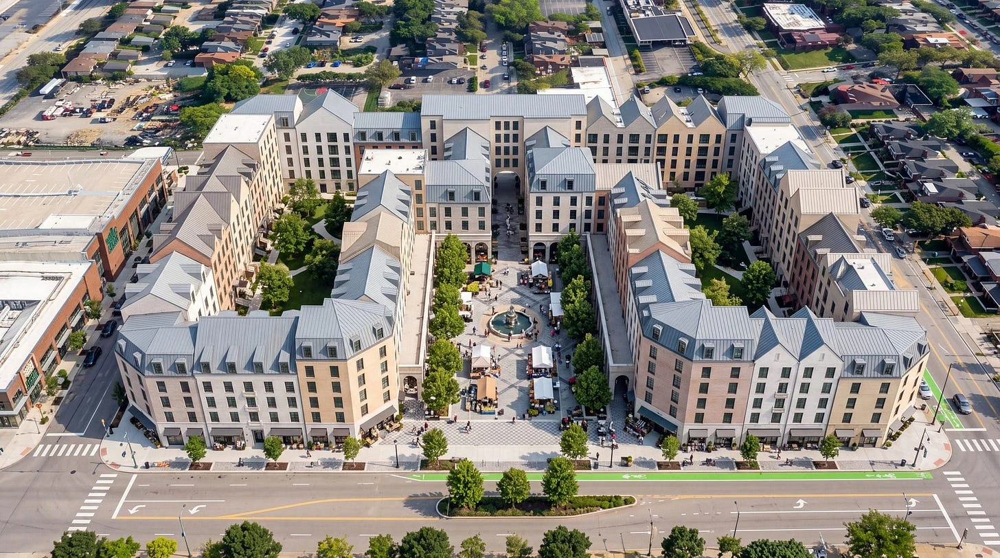 Penn Plaza Block B concept: individual apartment buildings frame two gardens and a public market square opening onto Penn Avenue.