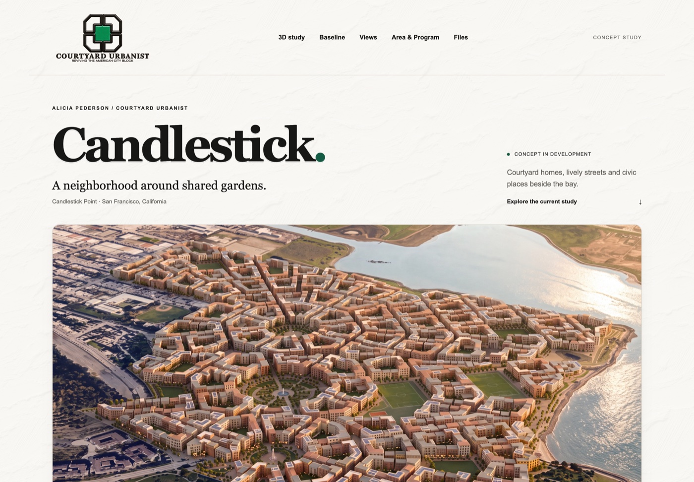 Candlestick project page showing a waterfront courtyard neighborhood concept and navigation for its 3D study, views, area and program.