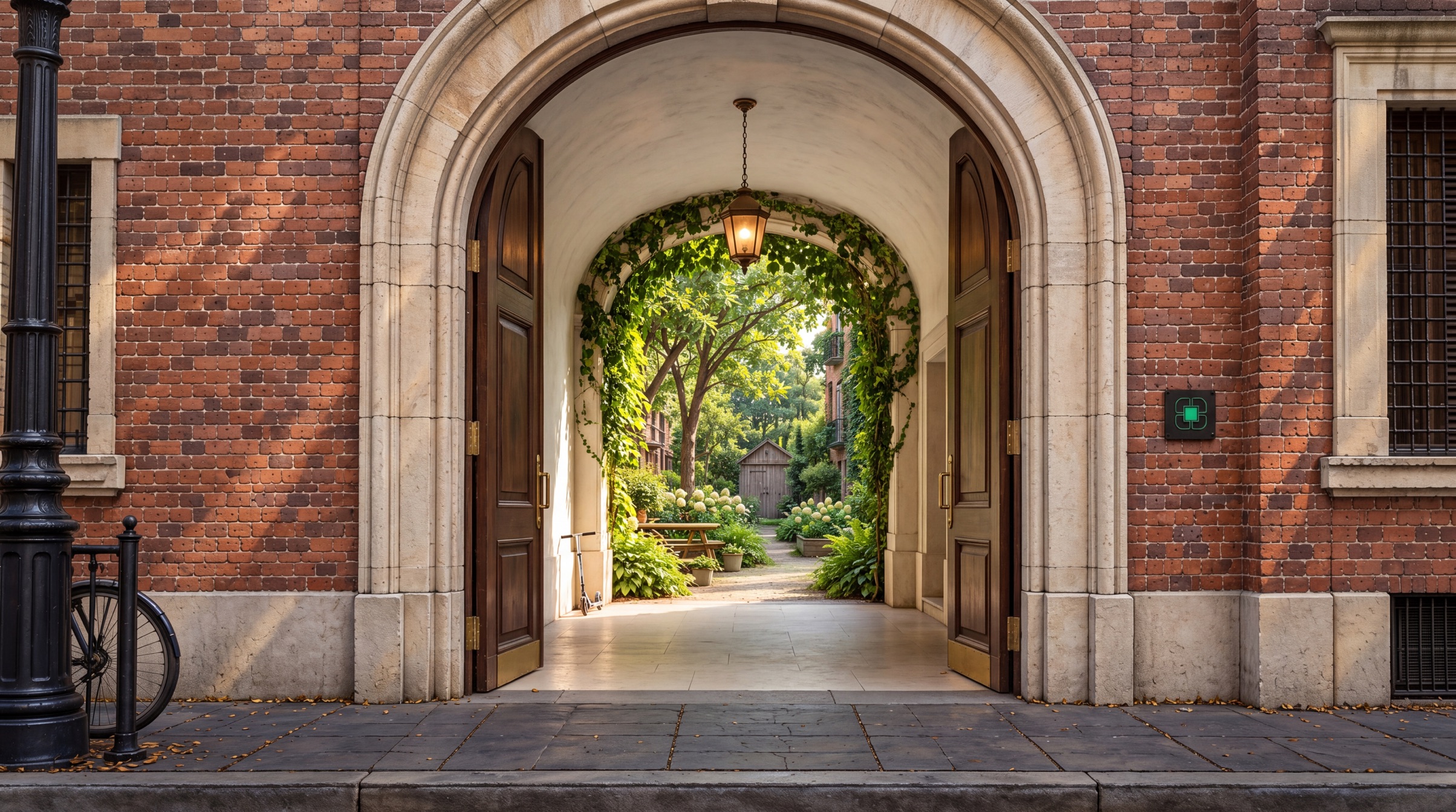 Open timber doors in a limestone arch lead through a lantern-lit passage into a lush, ivy-framed courtyard garden.