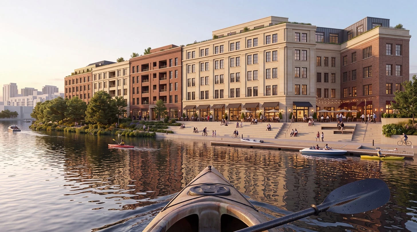 Kayaker’s-eye view of the riverfront concept, with public steps, a piazza, trees and active building fronts.