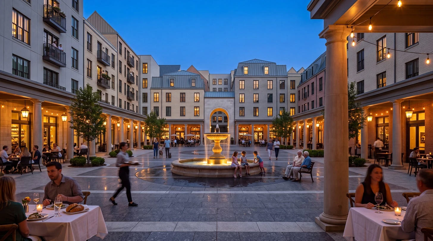 Evening view of the Penn Plaza fountain square and colonnade with restaurants and illuminated apartment windows.