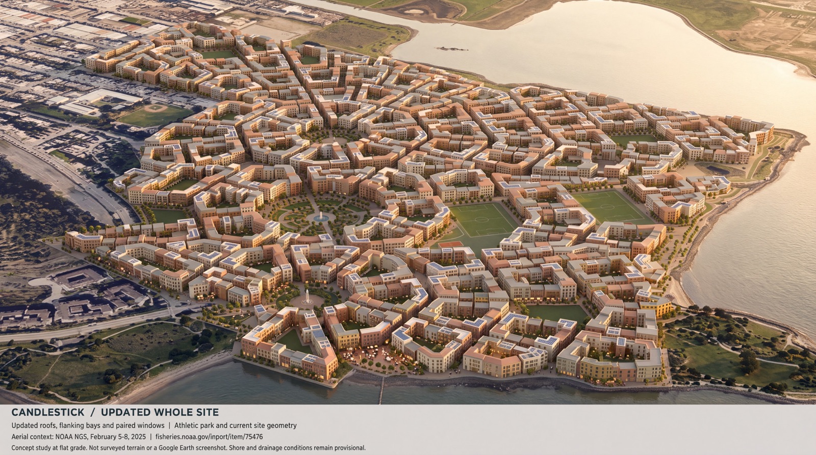 Illustrative aerial of Candlestick courtyard blocks, piazzas and athletic park beside the bay. Original attribution and concept qualifications preserved.