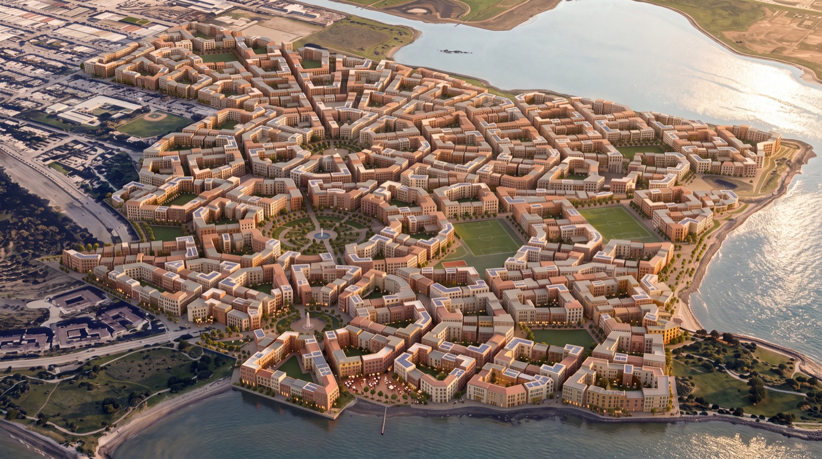 Candlestick concept district of courtyard blocks, shared gardens and civic places beside the bay.