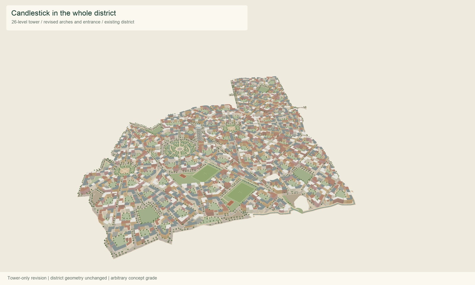 Whole Candlestick district with an optional slender tower on the civic piazza edge. District geometry is retained; tower is a separate concept scenario.
