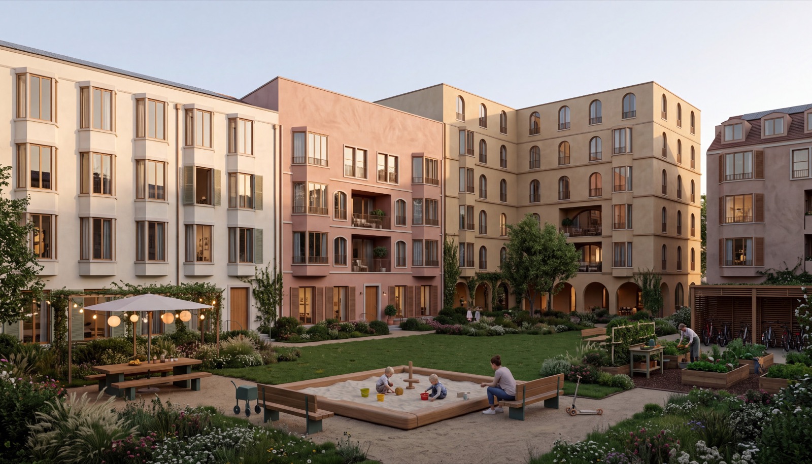 Illustrative shared courtyard with gardens, play space and seating.