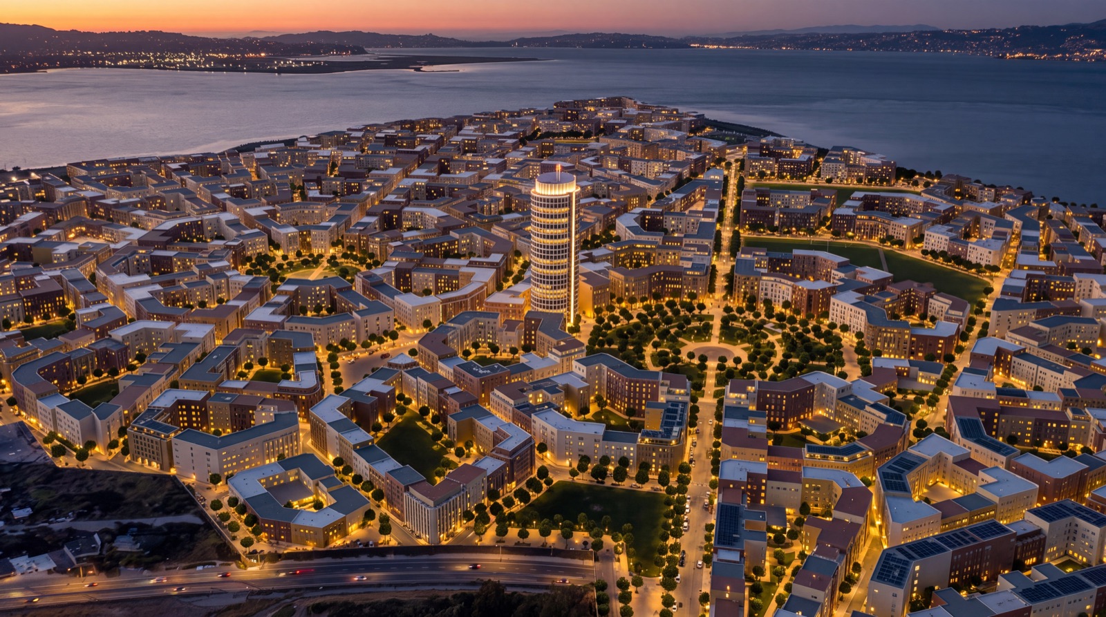 Illustrative evening view of the optional Candlestick tower rising among courtyard blocks and a planted civic space.