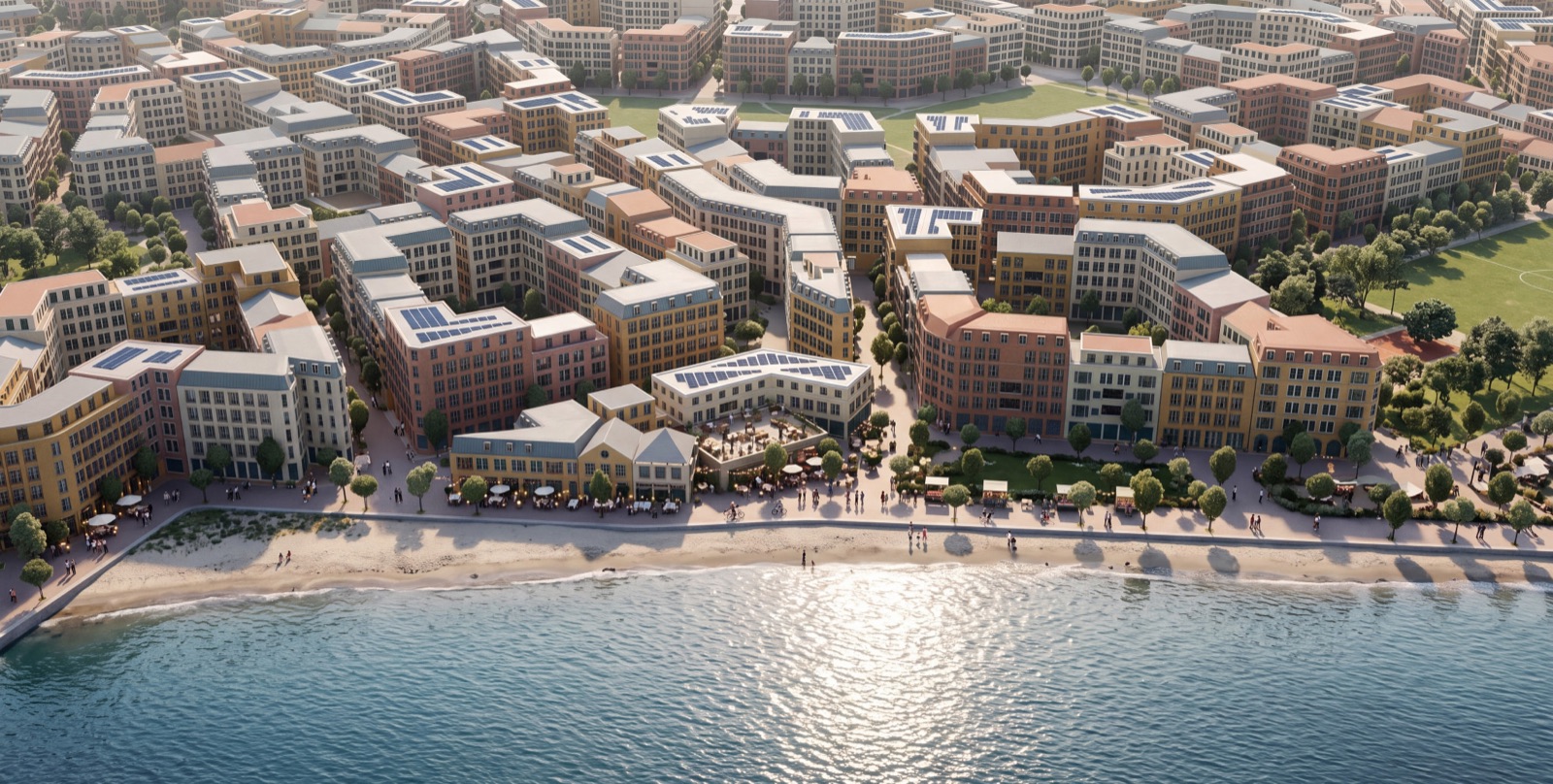 Illustrative waterfront promenade with courtyard homes and beach beside the bay.