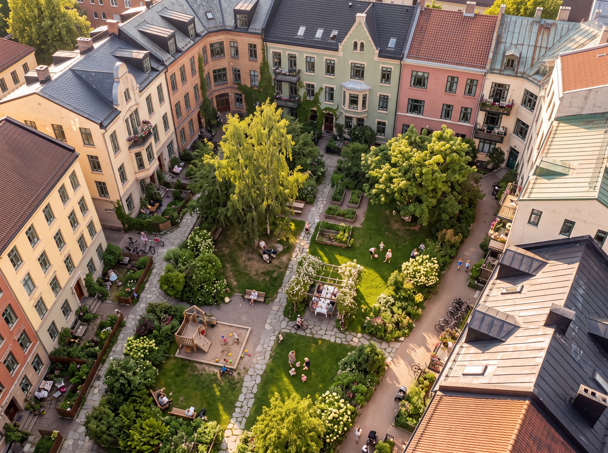 Photorealistic courtyard vision with leafy trees, community garden beds, a children’s play area and gathering spaces enclosed by traditional apartment buildings.
