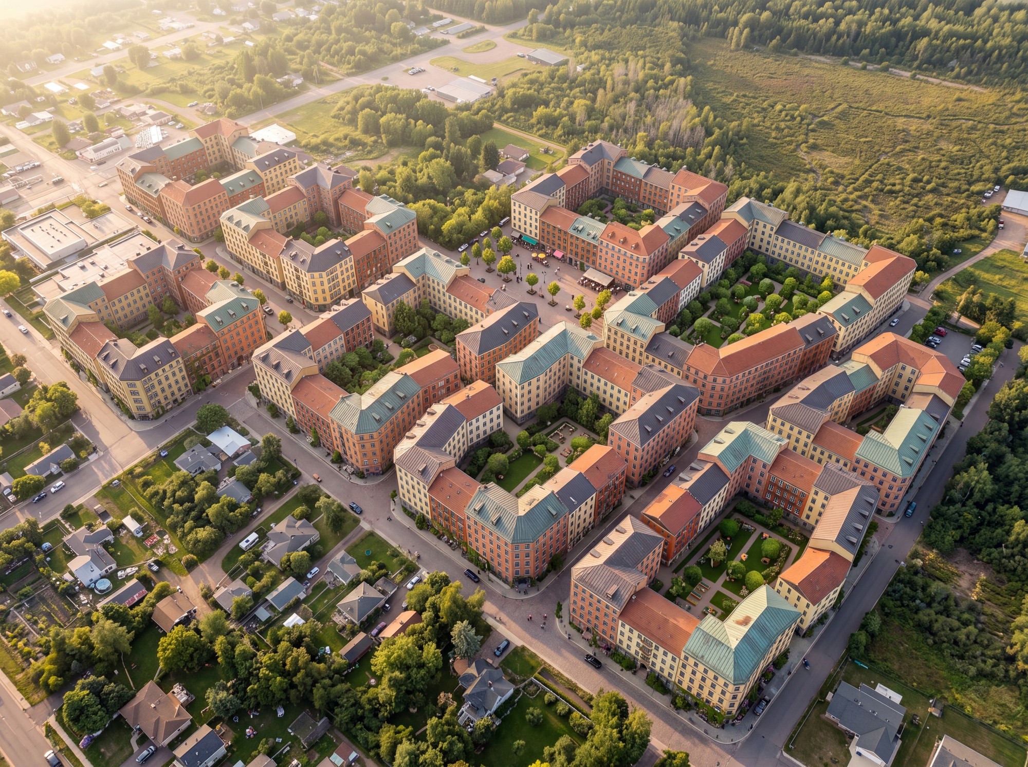 Photorealistic aerial vision of the Carlton courtyard neighborhood, with colorful traditional buildings, planted courtyards and a central public piazza.