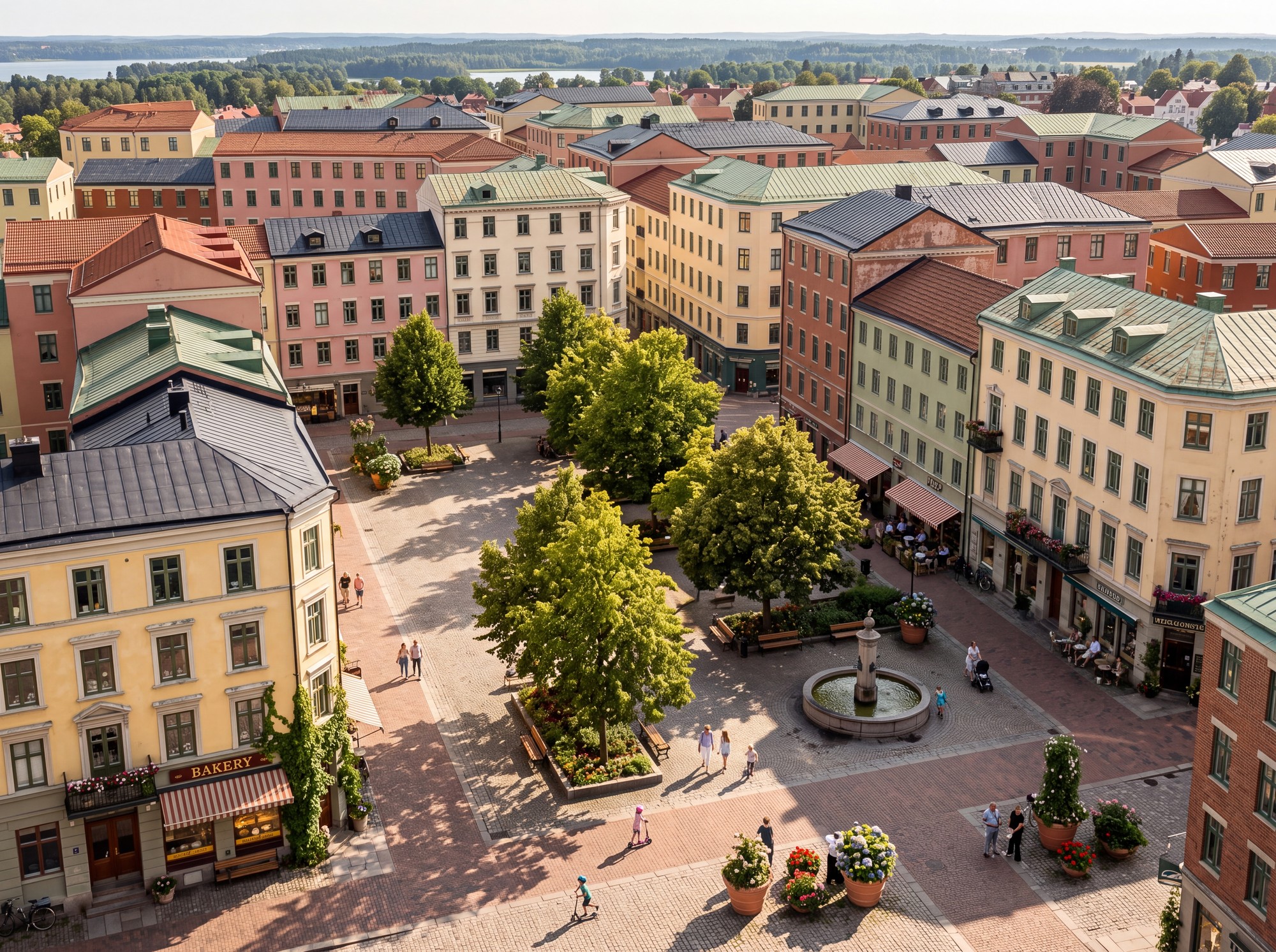 Photorealistic vision of a paved public piazza framed by colorful traditional buildings, with cafés, shops, shade trees, benches and people walking and gathering.