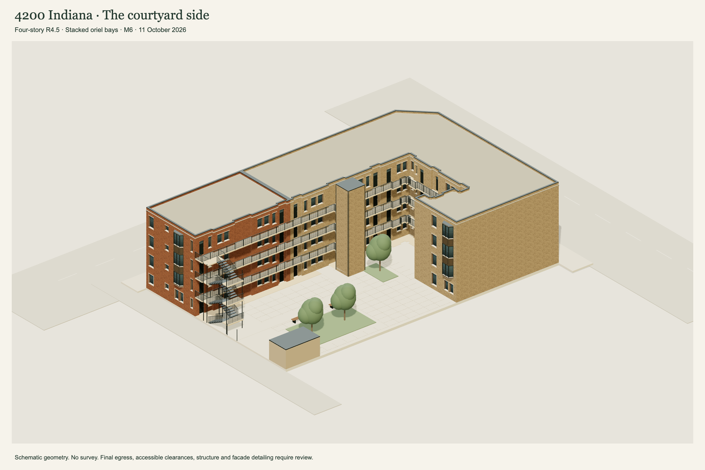 Current 4200 Indiana courtyard architecture with four-story homes and shared galleries.