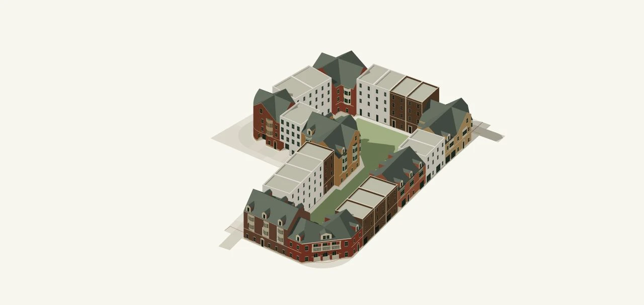 Garden Court concept: individual New England apartment houses and townhouses around a shared green courtyard.