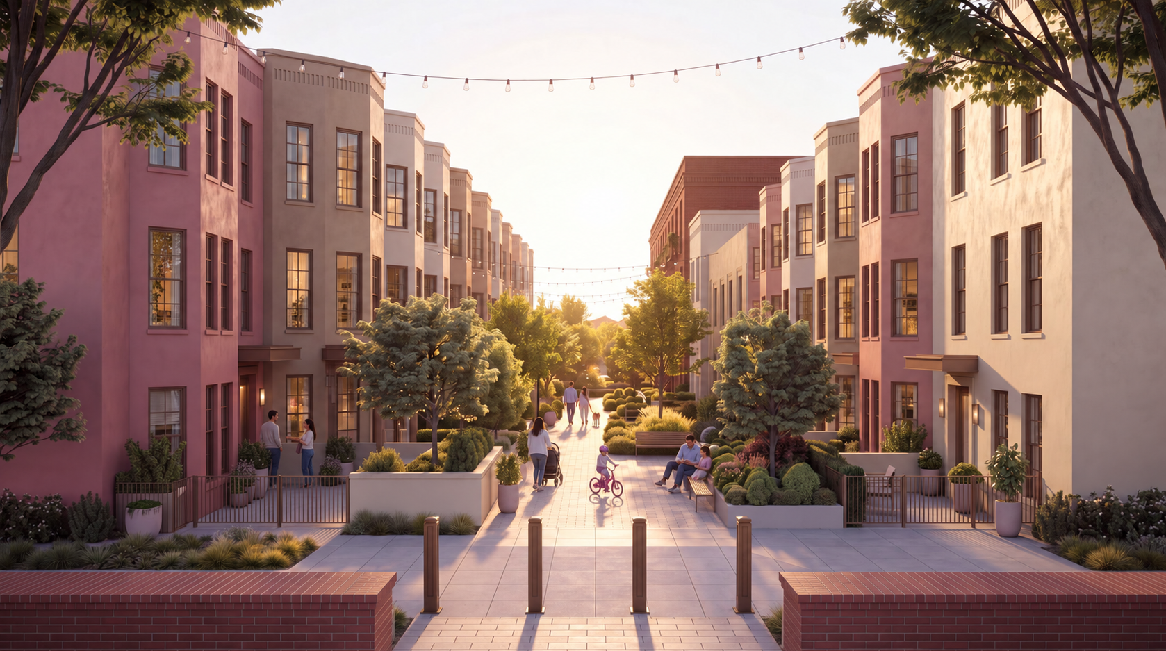 AI activity study of the Henry Street mews, with neighbors talking near their doorsteps, a stroller and people sitting beside the pedestrian path.