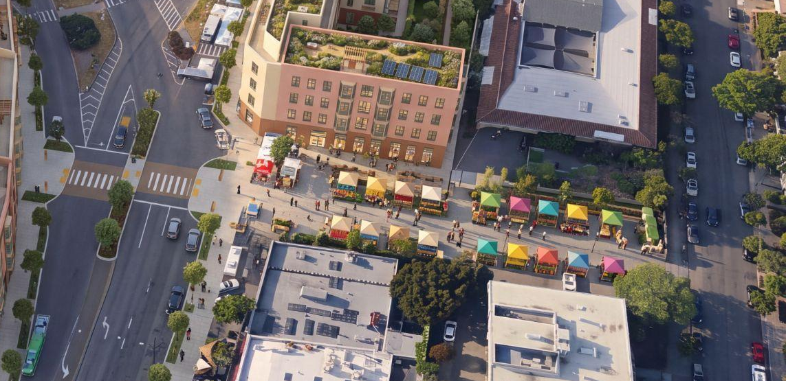 Close crop of the report aerial showing the market plaza, the proposed Shattuck crossing at left and the connection toward Walnut at right.