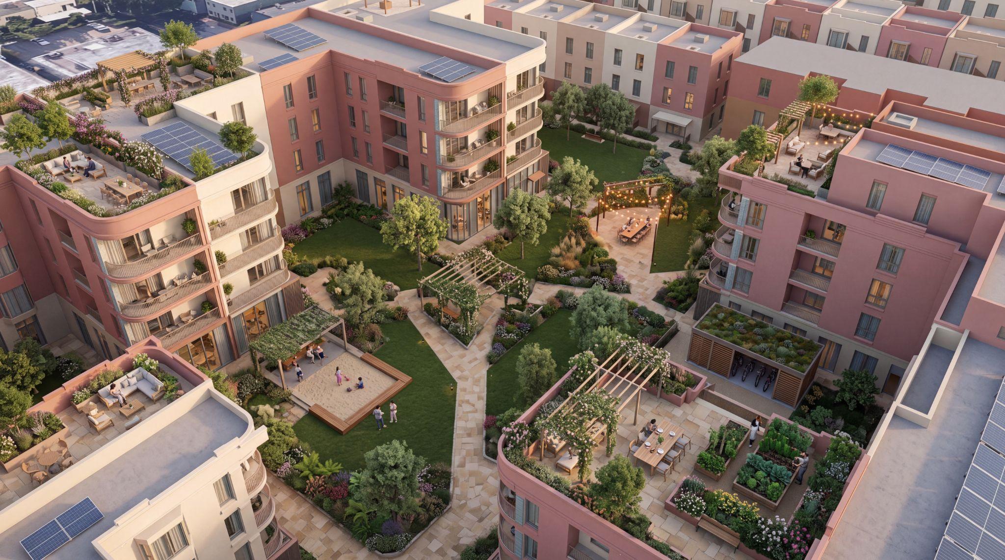 Illustrative courtyard with rounded loggias, garden paths and shared places to play and gather.