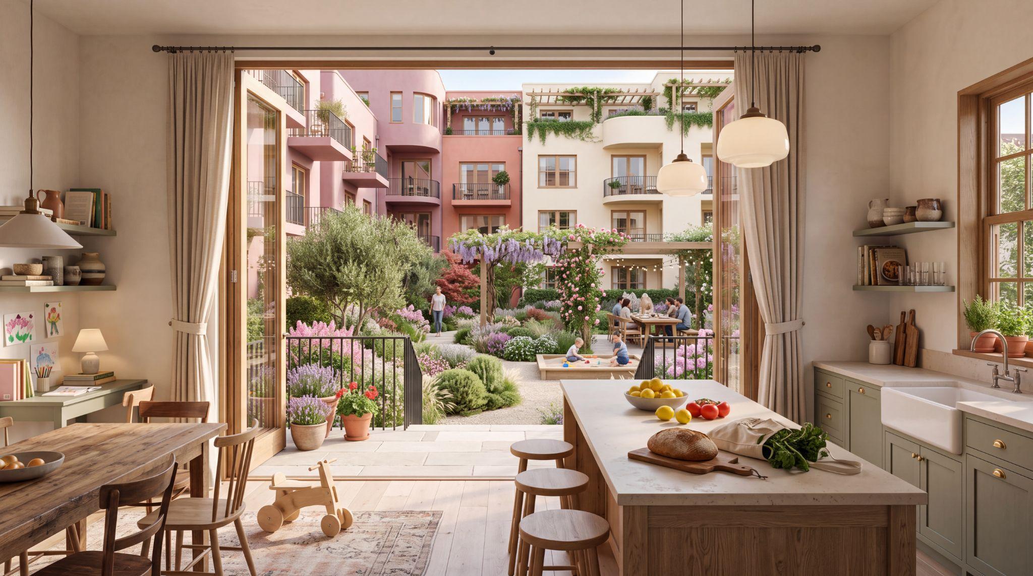 Illustrative view from a family kitchen opening onto a shared courtyard, with planting, play space and outdoor dining.