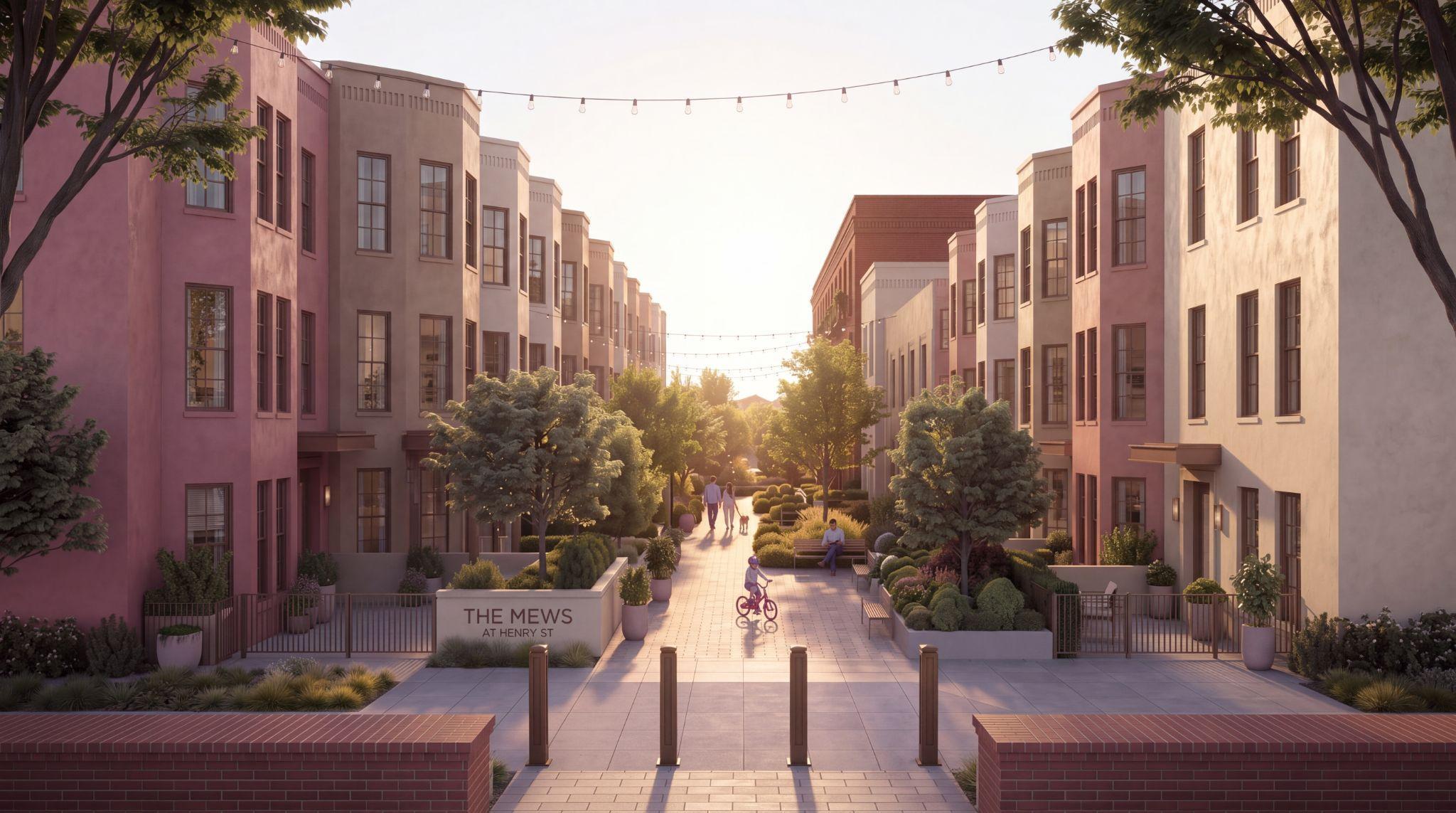 Illustrative three-story homes facing a planted pedestrian mews, with individual entrances and places to sit.