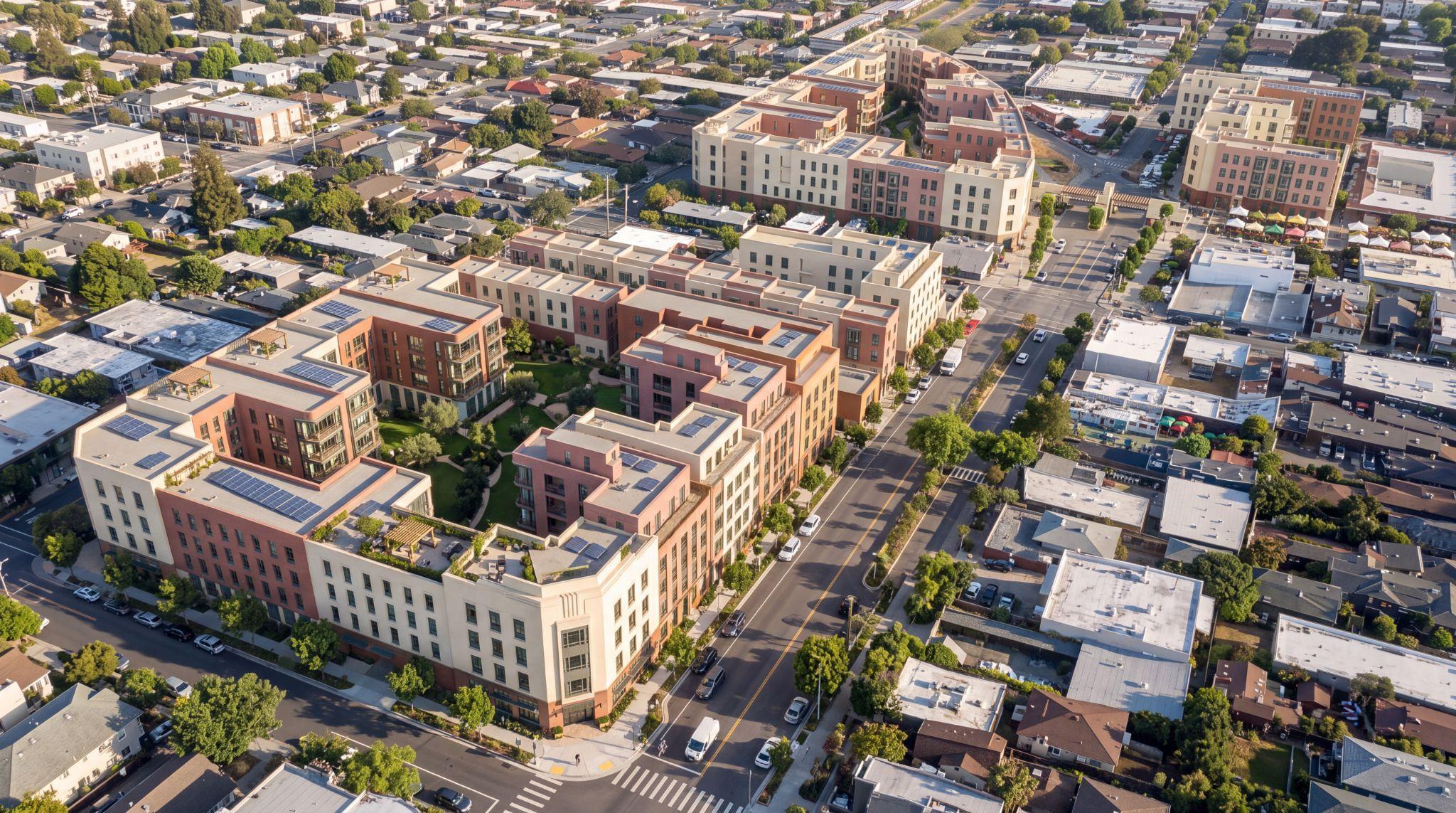 North Shattuck courtyard concept with shared gardens inside the blocks and a market plaza along Shattuck.