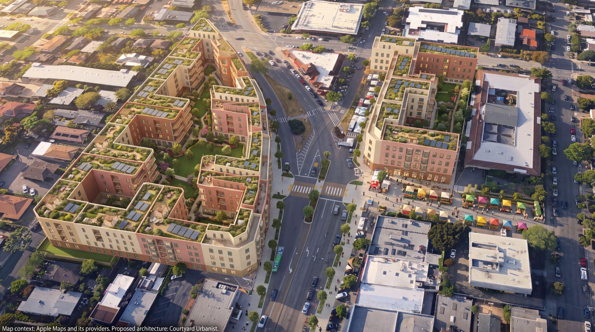 Illustrative aerial of the northern courtyard blocks and market plaza, showing the proposed connection from Shattuck toward Walnut.