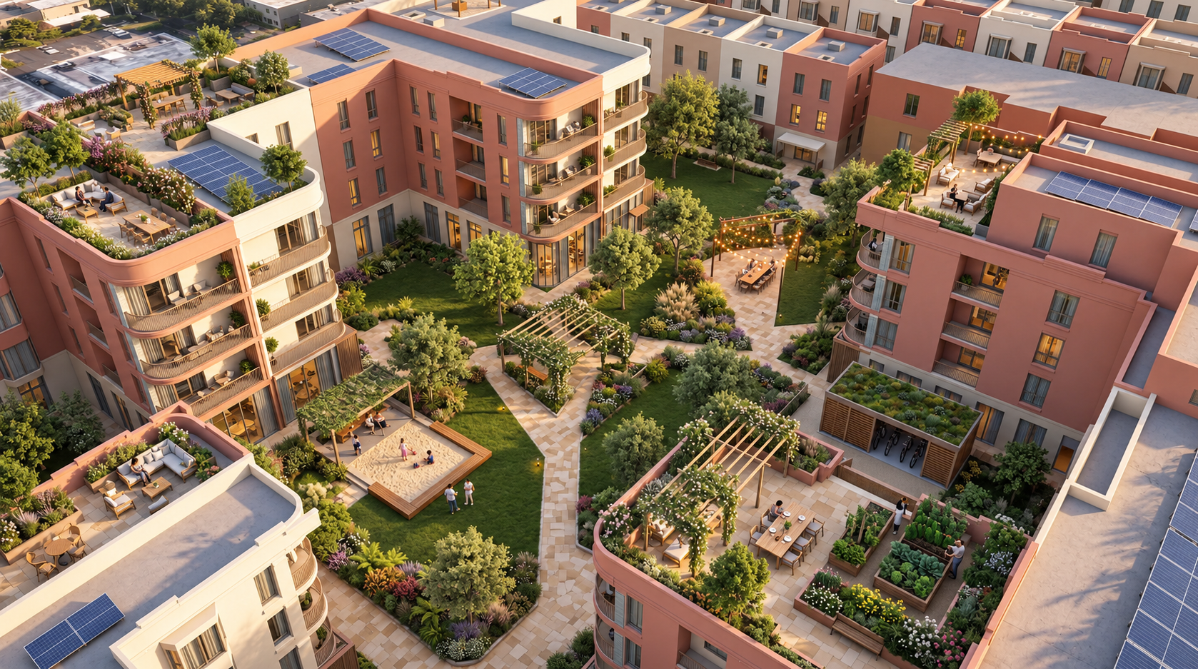AI-refined late-afternoon concept view of homes around a planted shared courtyard