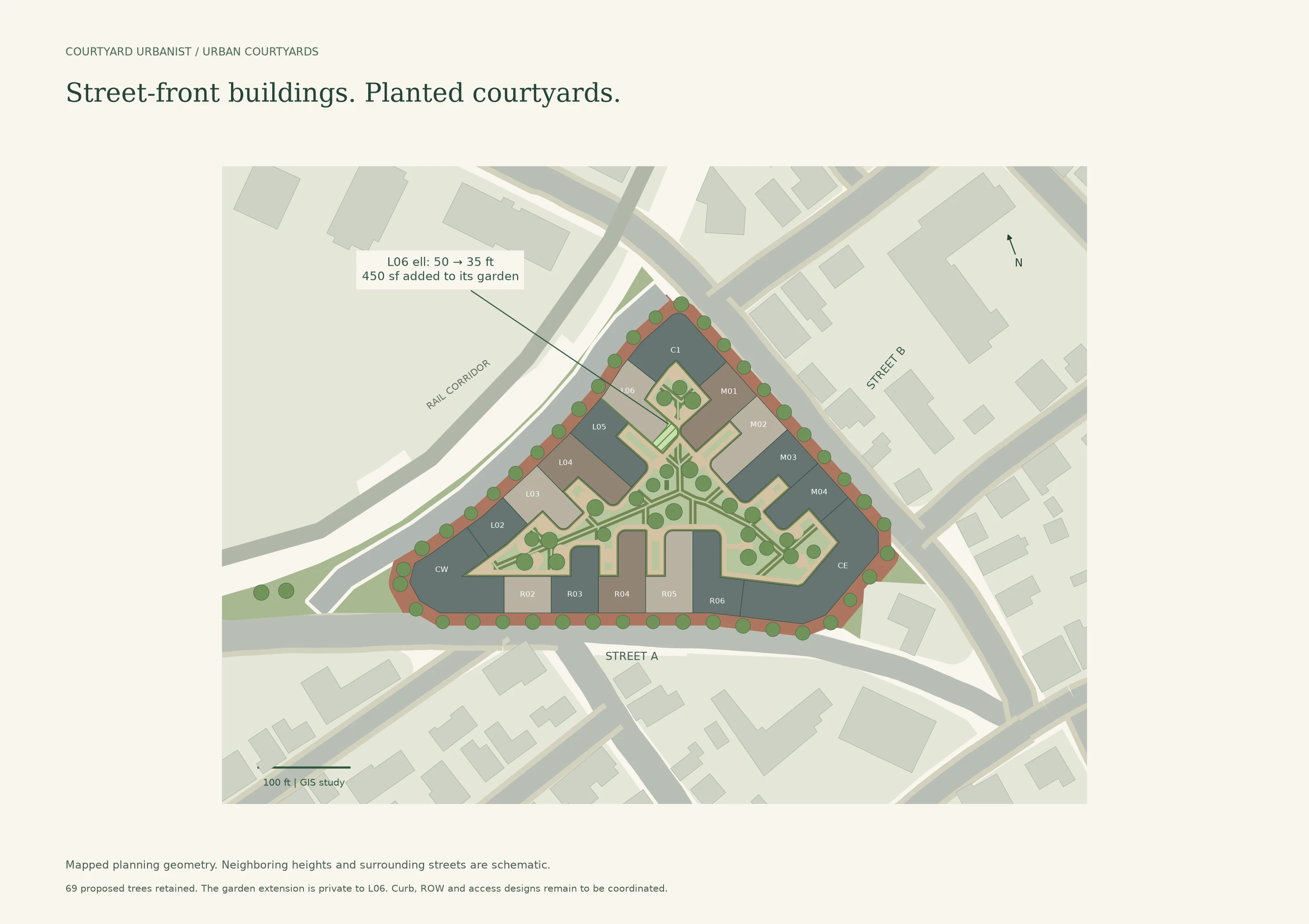 Urban Courtyards landscape plan with individual building footprints, brick sidewalks and trees in shared courtyards.