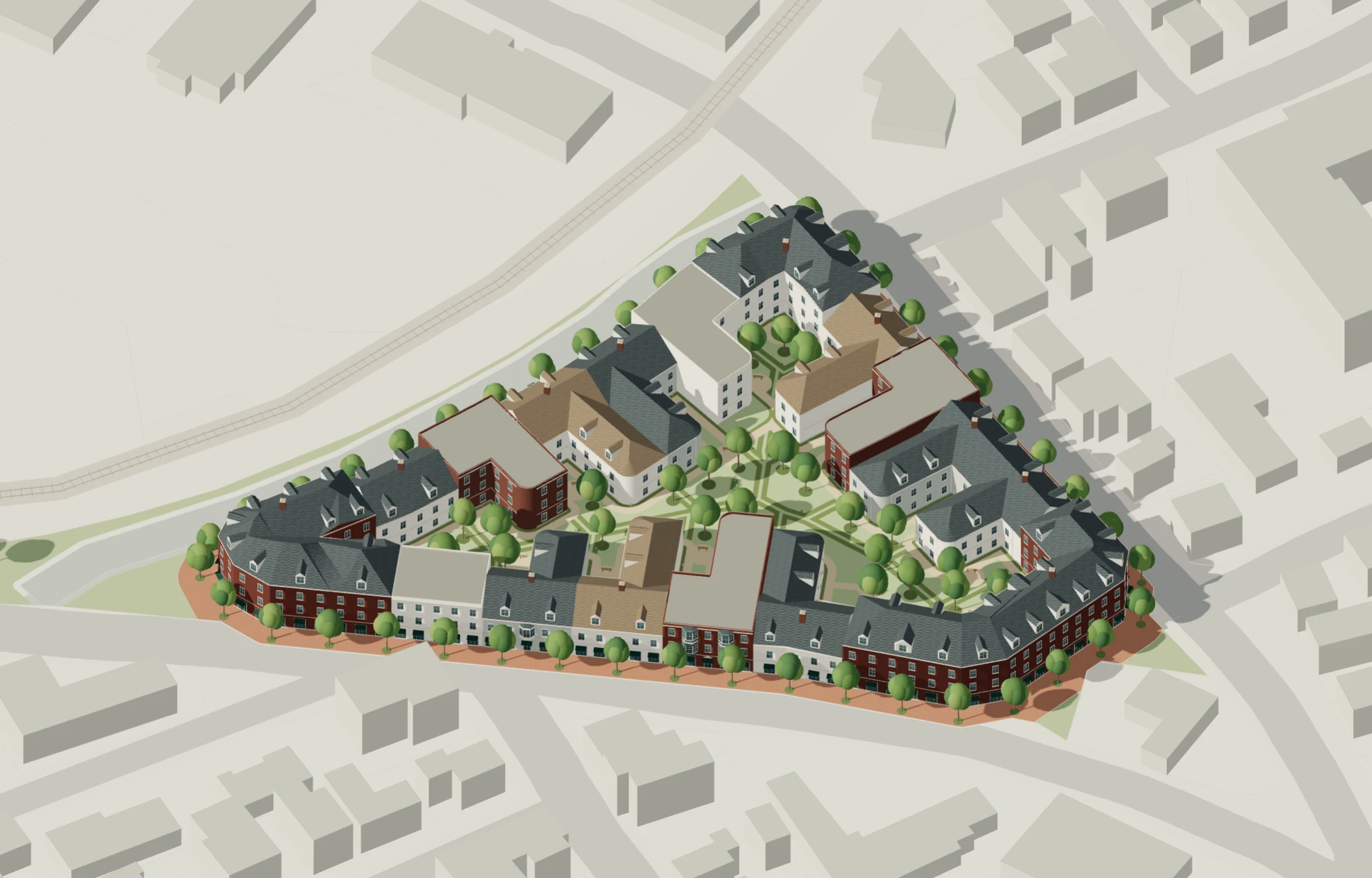 Urban Courtyards concept: attached New England apartment houses enclose planted courtyard gardens, with chamfered corners and brick sidewalks.